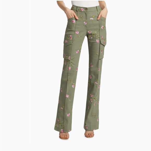 LoveShackFancy Atworth Cargo Embroidered pant Floral Size 12 Olive Green - Picture 6 of 16